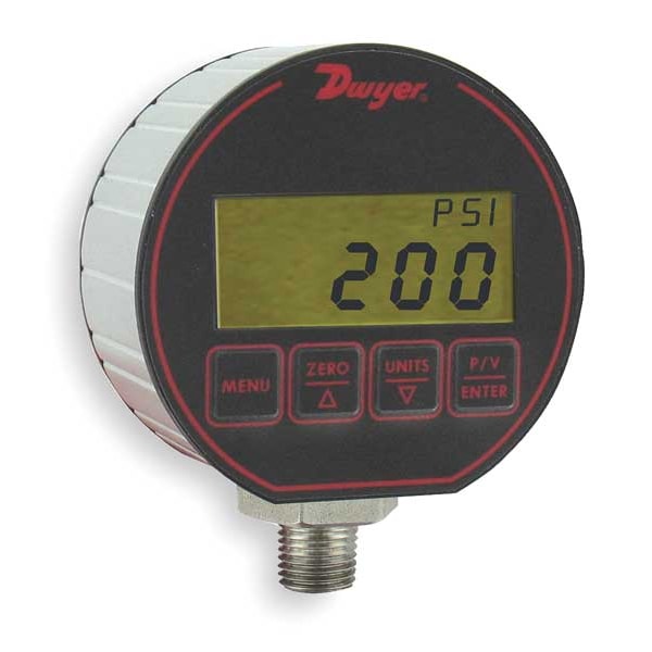Digital pressure gage, selectable engineering units: 5000 psig, 351.5 kg/sq cm, 344.8 bar.