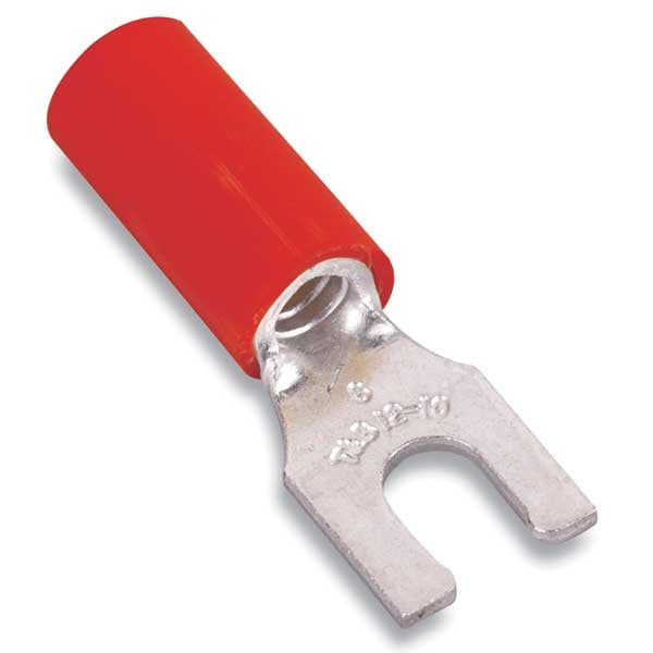 Fork Terminal, #10 Stud Size, 16 AWG, 600 V, Vinyl Insulated, Red, Crimp Termination Only, 100 PK