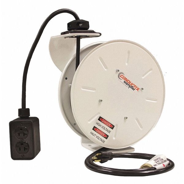 Cord Reel With Hand Lamp, Spring Retracted, NEMA 5-20R, 12 AWG, White Reel Color, 50 ft Length