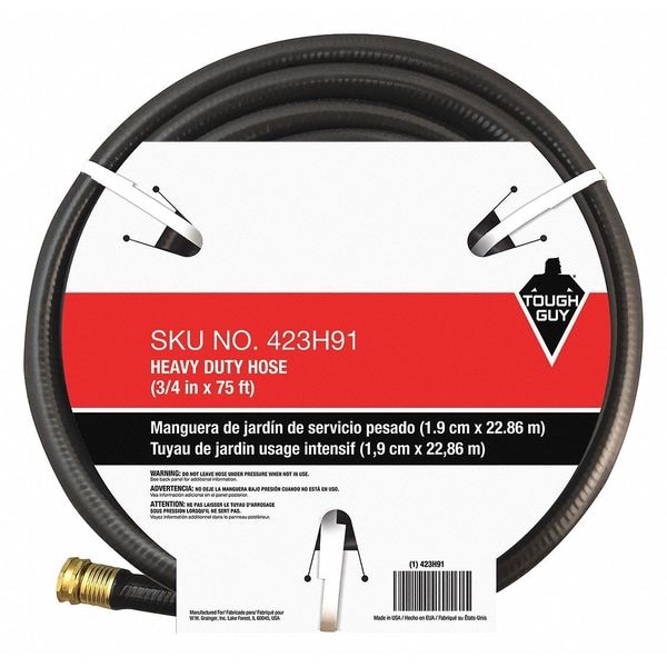 3/4 in ID x 75 ft L Water Hose, PVC Tube, Black, Brass x Brass Fitting