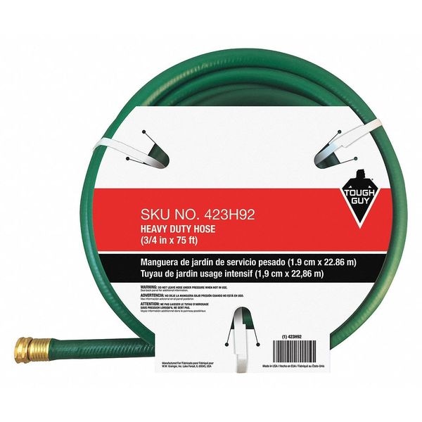 3/4 in ID x 75 ft L Water Hose, PVC Tube, Green, Brass x Brass Fitting