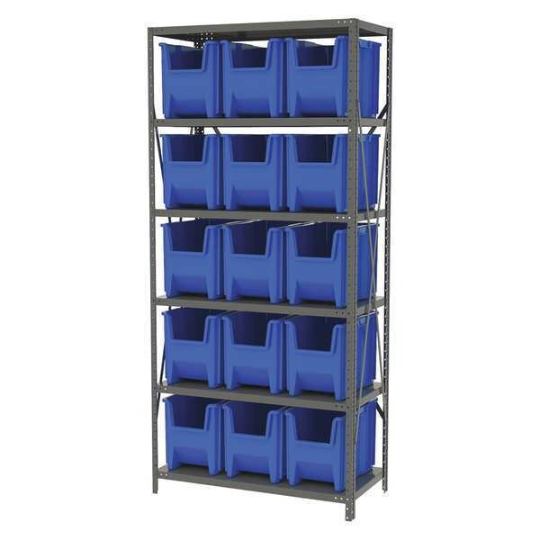 Steel Bin Shelving Kit, 6 Shelves, Gray/Blue
