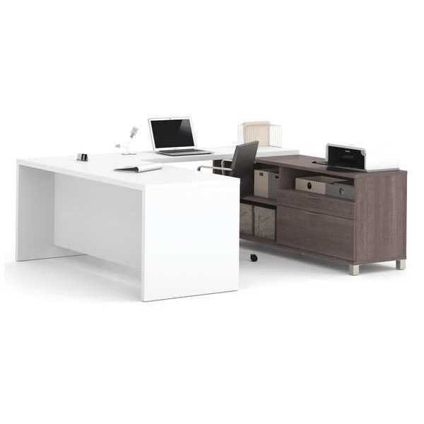 U Shaped Desk U-Shape Workstation, 89" D X 29.9" H, 71.1" W X Melamine, White/Bark Gray