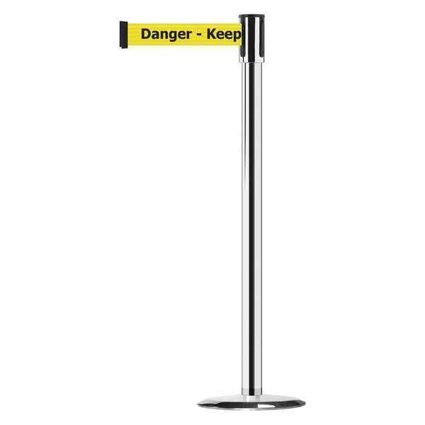 Barrier Post with Belt, Polished Chrome, 13 ft Length, 38 in Post Height, Danger Keep Out