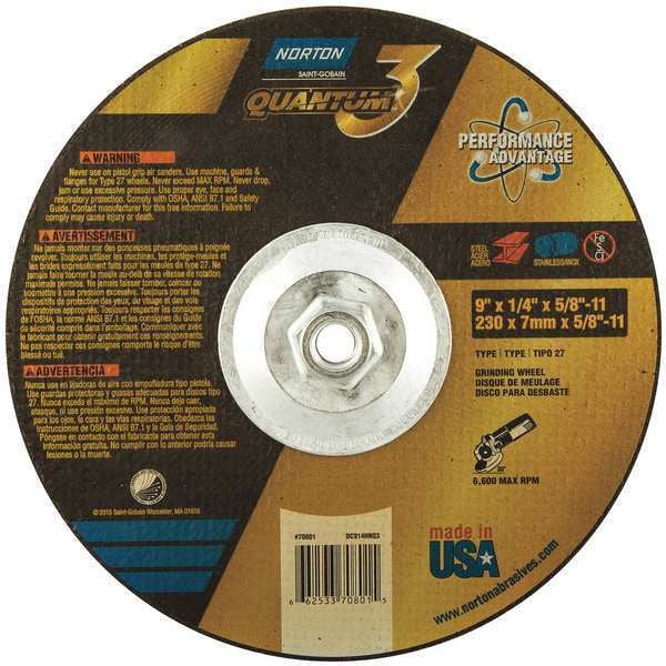 Depressed Center Grinding Wheel, Type 27, 9 in Dia, 0.25 in Thick, 5/8"-11 Arbor Hole Size, Ceramic