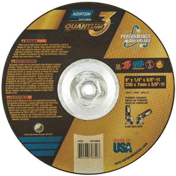 Depressed Center Grinding Wheel, Type 27, 9 in Dia, 0.25 in Thick, 5/8"-11 Arbor Hole Size, Ceramic