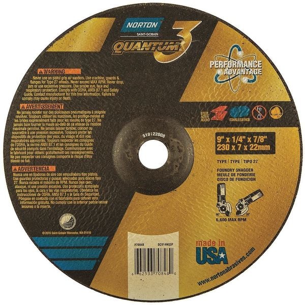 Depressed Center Grinding Wheel, Type 27, 9 in Dia, 0.25 in Thick, 7/8 in Arbor Hole Size, Ceramic
