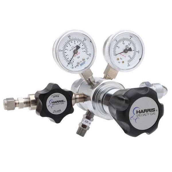 High Purity Gas Regulator, Hydrogen, Methane, Two Stage, 0.825"-14 Inlet, 1/4 in Outlet