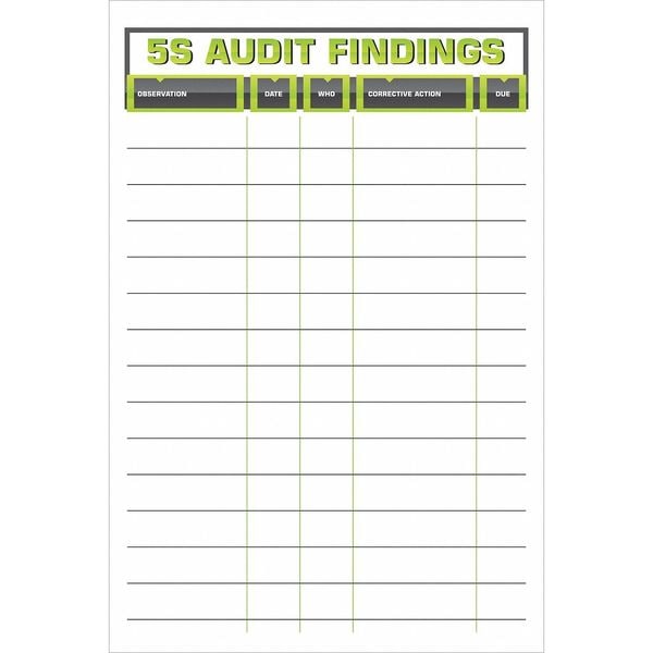 5S Audit Findings Board, Steel, 36 in, 24 in, No Frame Frame, White, Gloss