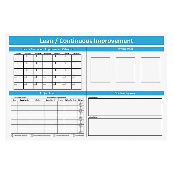 Lean Tracking Board, Plastic, 48 in, 72 in, No Frame Frame, White, Gloss