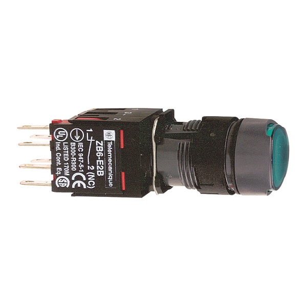 Complete illuminated push button, Harmony XB6, green flush, 16mm, spring return 1NO 12.24V