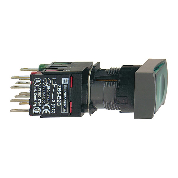 Complete illuminated push button, Harmony XB6, green rectang flush, 16mm, spring return, 1NO + 1NC, 12.24V