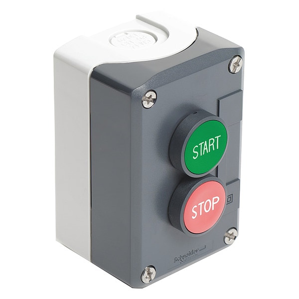 Complete control station, Harmony XALD, XALK, dark grey, flush push buttons 22mm, green START 1NO red STOP 1NC, spring return