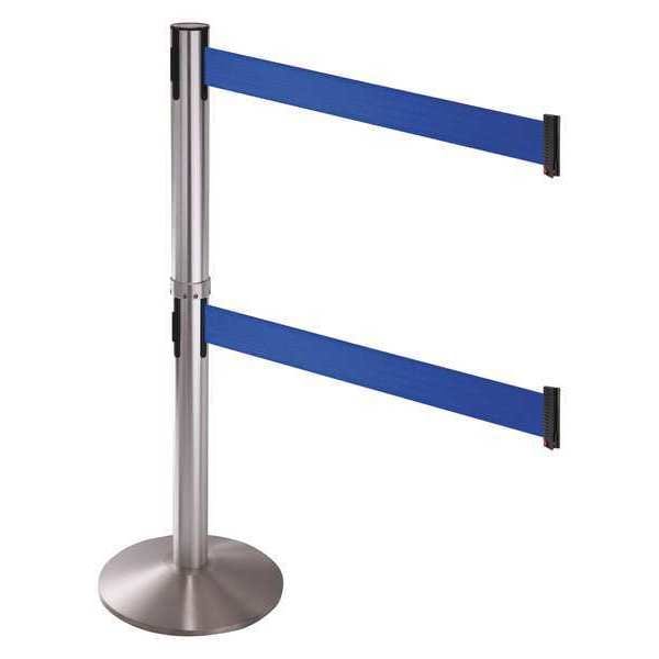 Barrier Post with Belt, Gray, 10 ft Length, 40 in Post Height, No Legend, Satin Chrome