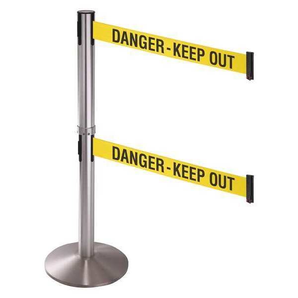 Barrier Post with Belt, Gray, 10 ft Length, 40 in Post Height, Danger Keep Out, Satin Chrome