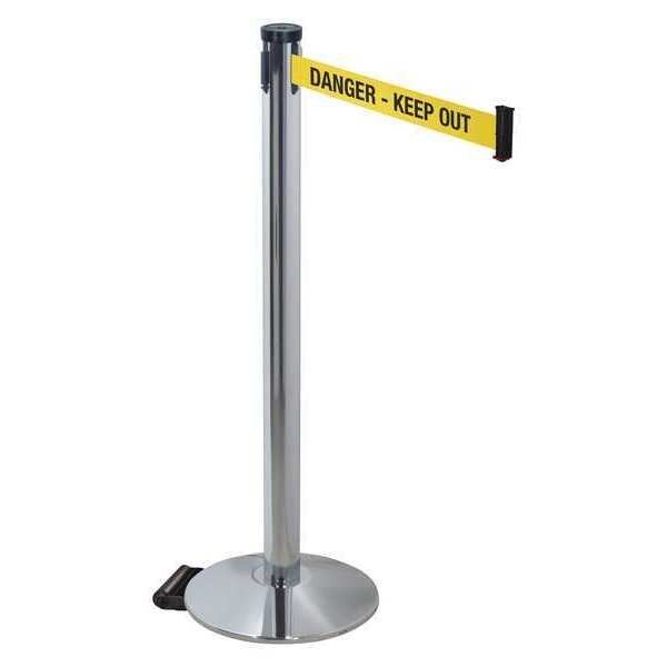Barrier Post with Belt, Gray, 10 ft Length, 40 in Post Height, Danger Keep Out, Polished chrome