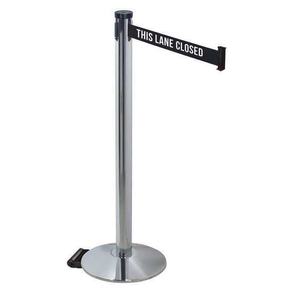 Barrier Post with Belt, Gray, 10 ft Length, 40 in Post Height, This Lane Closed, Polished chrome