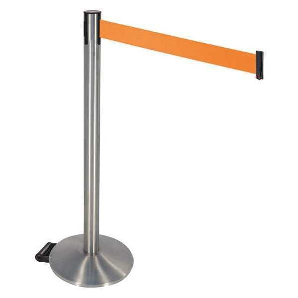 Barrier Post with Belt, Gray, 10 ft Length, 40 in Post Height, No Legend, Satin Chrome