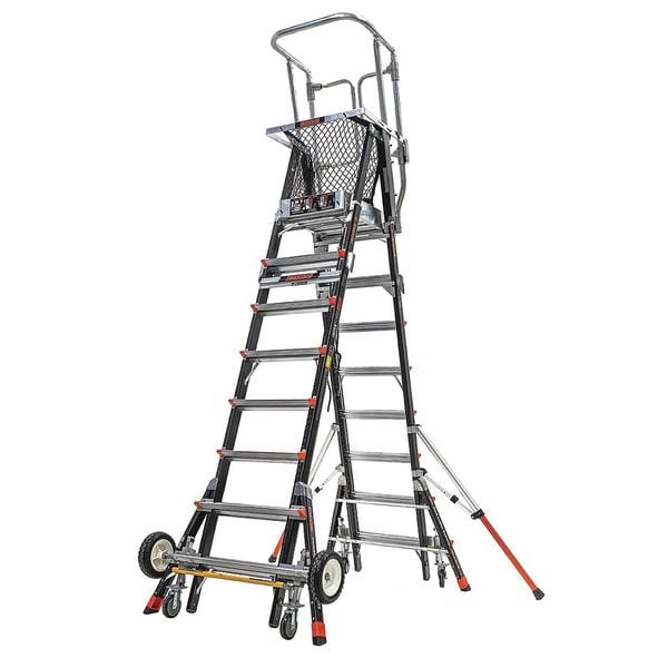 8 to 14 ft Fiberglass, Adjustable Safety Cage Platform Stepladder, 375 lb Capacity