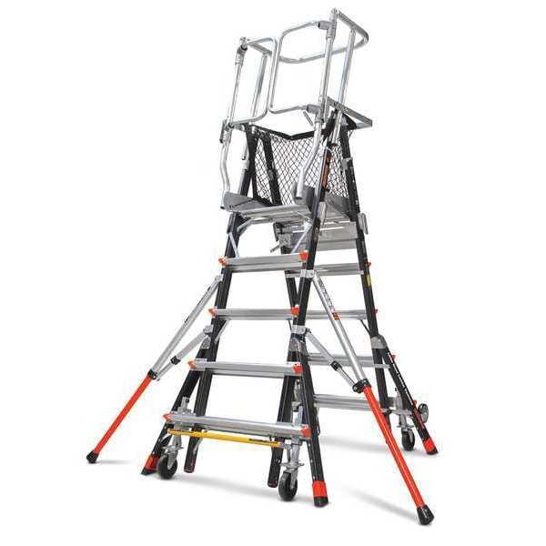 5 to 9 ft Fiberglass, Adjustable Safety Cage Platform Stepladder, 375 lb Capacity