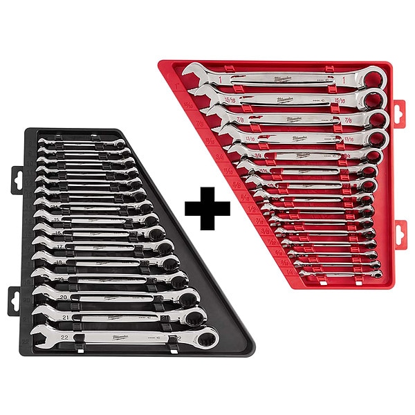 15pc Ratcheting Combination Wrench Set, SAE + 15pc Ratcheting Combination Wrench Set, Metric