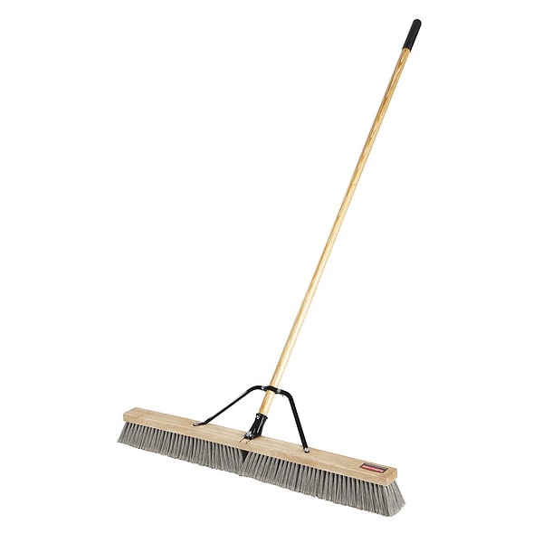 Push Broom, 37 in Sweep Face, Medium, Synthetic, Gray Bristle, Wood