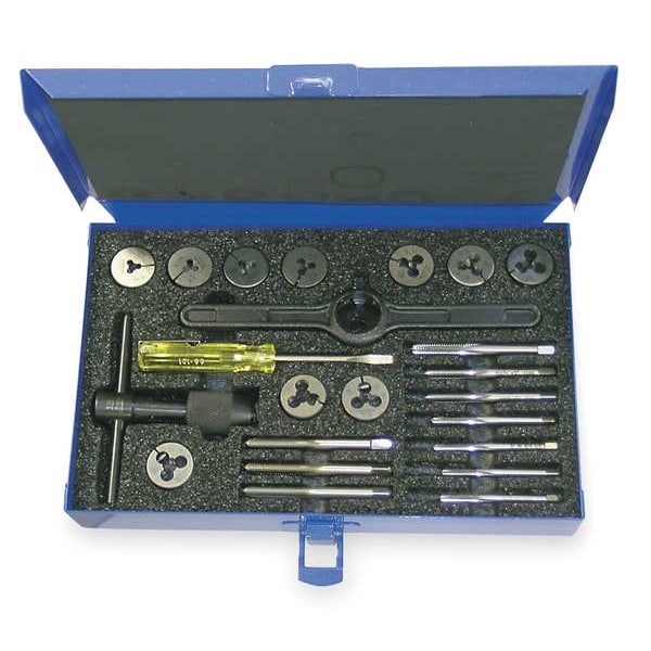 23PC No 4-40 - No 12-28 UNC and UNF HSS Plug Hand Tap and Carbon Round Adjustable Die Set Cle-Line