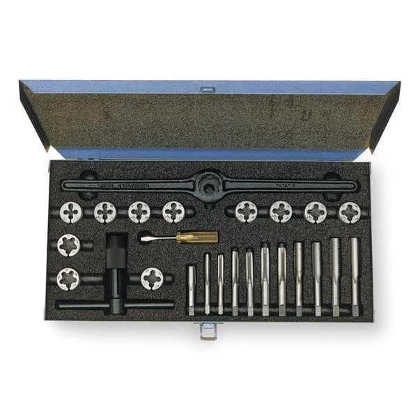 25PC HSSPlugHandTap & CarbonRound Adj Die Set Cle-Line 11 Sizes 1/4-20 To 1/2-20, 1/8-27 UNC, UNF, NPT