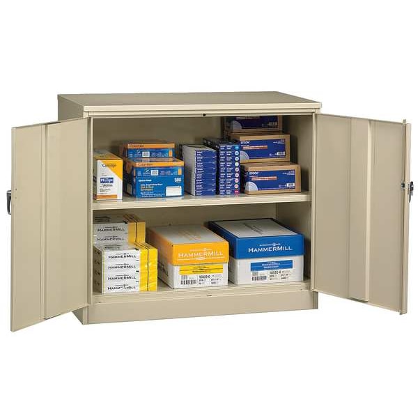 Shelving Storage Cabinet, 42 in H, 48 in W, Swing, Keyed, Champagne/Putty, 2 Shelves, 0 Drawers