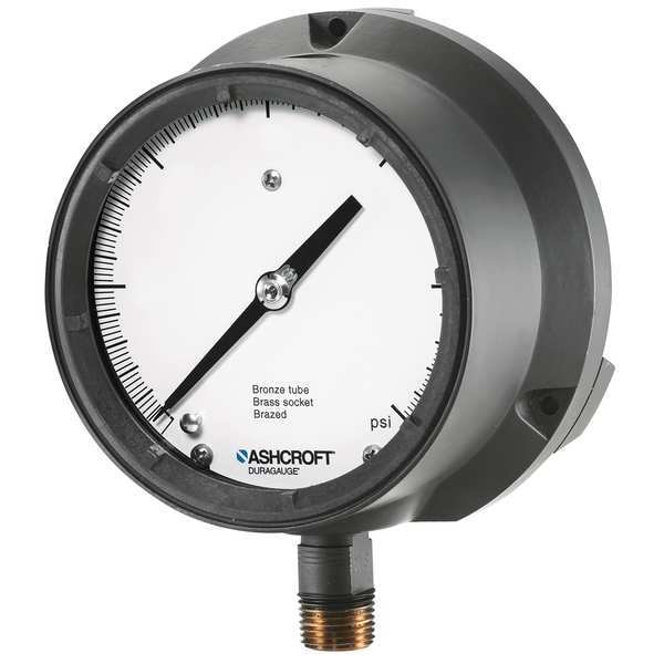 Process Pressure Gauge, 0 to 15 psi, 4 1/2 in Dial, 1/2 in NPT, Bottom Location