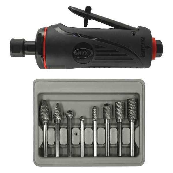 Die Grinder Combo, Burr Set, 1/4", 8 pcs., 1/4 in NPT Female Air Inlet, 1/4" Collet, Medium, 1/3 HP