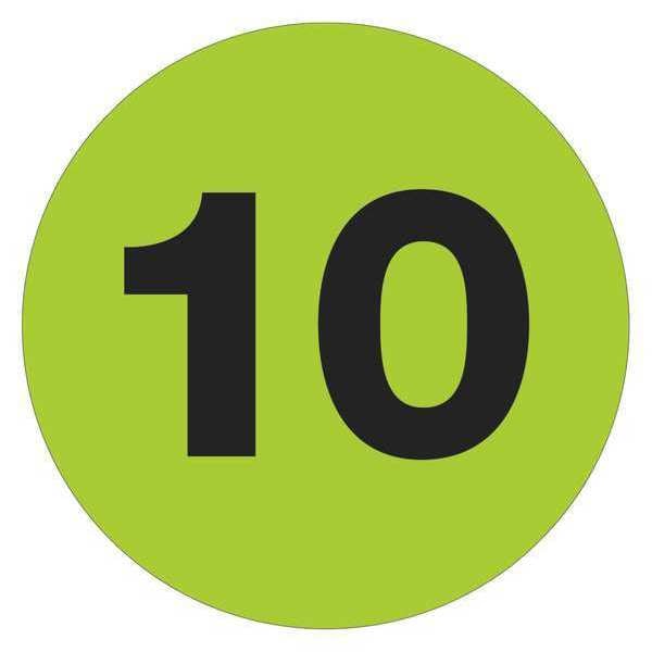 Tape Logic Number Labels, "10", 3" Circle, Fluorescent Green, 500/Roll