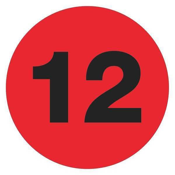 Tape Logic Number Labels, "12", 3" Circle, Fluorescent Red, 500/Roll