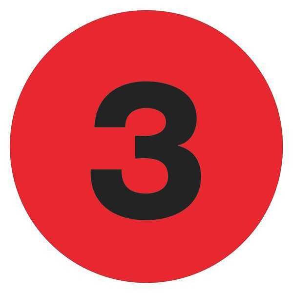 Tape Logic Number Labels, "3", 1" Circle, Fluorescent Red, 500/Roll