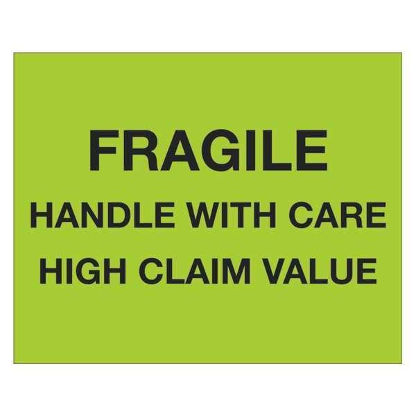 Tape Logic Labels, "Fragile Handle With Care - High Claim Value", 8" x 10", Fluorescent Green, 250/Roll