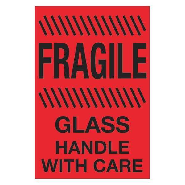 Tape Logic Labels, "Fragile - Glass - Handle With Care", 4" x 6", Fluorescent Red, 500/Roll
