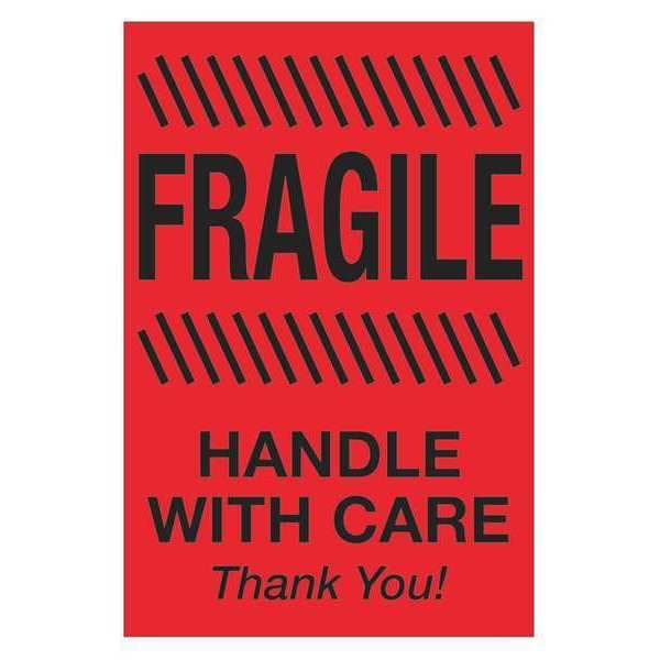 Tape Logic Labels, "Fragile - Handle With Care", 2" x 3", Fluorescent Red, 500/Roll