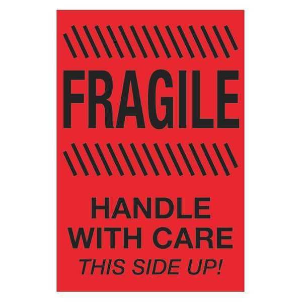 Tape Logic Labels, "Fragile - Handle With Care - This Side Up", 4" x 6", Fluorescent Red, 500/Roll