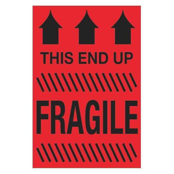 Tape Logic Labels, "This End Up - Fragile", 4" x 6", Fluorescent Red, 500/Roll