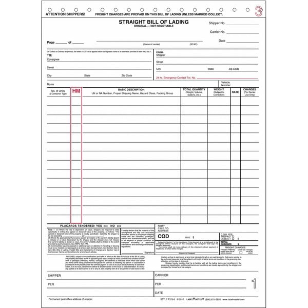 Straight Bill Of Lading Form, 3Pt, PK100