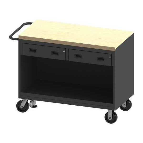 Mobile bench cabinet, maple top, work surface, no doors, 2 drawers