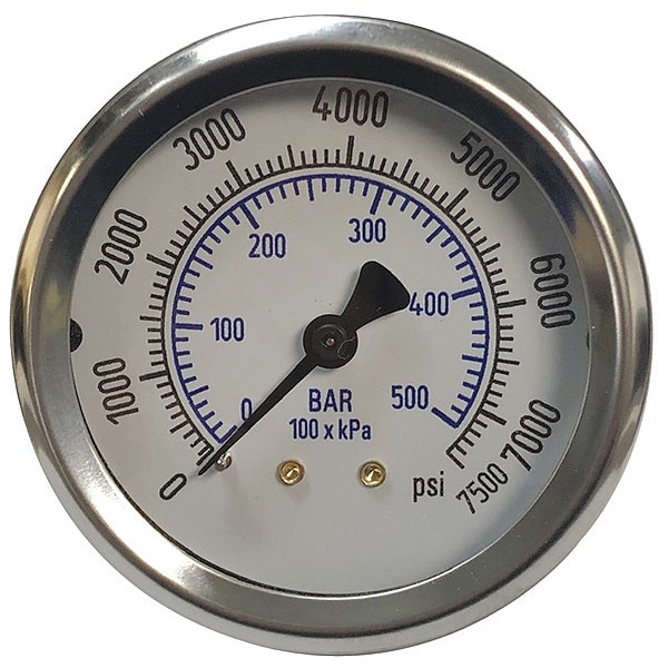 Panel-Mount Pressure Gauge, 0 to 10,000 psi, 2 1/2 in Dial, 1/4 in NPT, Center Back Location