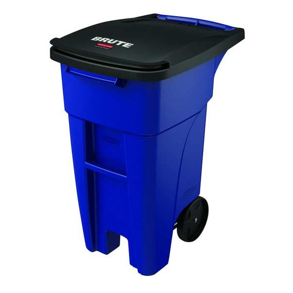 BRUTE 32 gal Rectangular Rolling Plastic Can, Blue, None, Plastic, 20 5/8 in