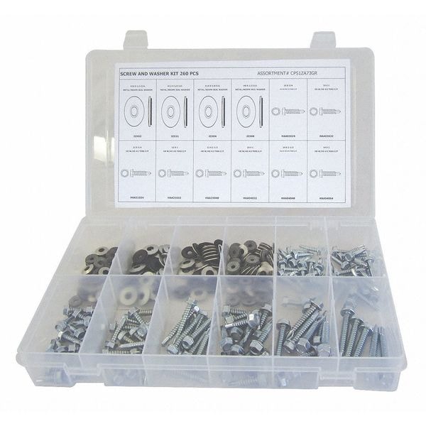 Screw and Washer Assortment Self-Drilling Screw and Washer Assortment, Steel, Zinc Plated Finish