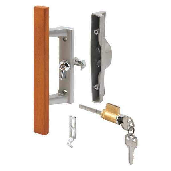Diecast with Wood Handle, Gray, Patio Door Handle, Tee Lock, Keyed (Single Pack)