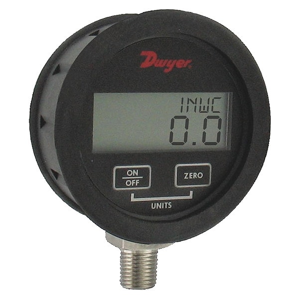 Digital pressure gage w/ boot, range -15-0 psi with 4-digit display, +/-0.5% accuracy, battery powered.