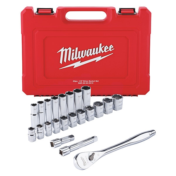 22 pc 1/2" Drive SAE Ratchet and Socket Set with FOUR FLAT Sides