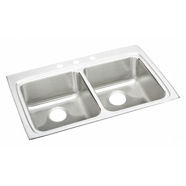 Double SS, Ada, 33"x22", Faucet, 2 Hole, Drop-In Mount, 4 Hole, Lustrous Satin