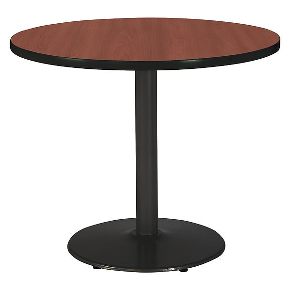 Round KFI 42" Round Breakroom Table with Mahogany Top, Round Black Base, 42 W, 42 L, 29 H, Laminate