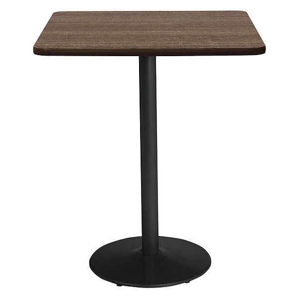 Square KFI Mode 42" Square Top Breakroom Table, Studio Teak Finish, Round Black Base, Bistro Height